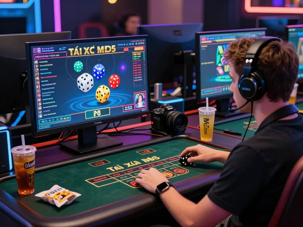 A player enjoying Tài Xỉu MD5 in a modern online casino setup, showcasing an engaging gaming experience.
