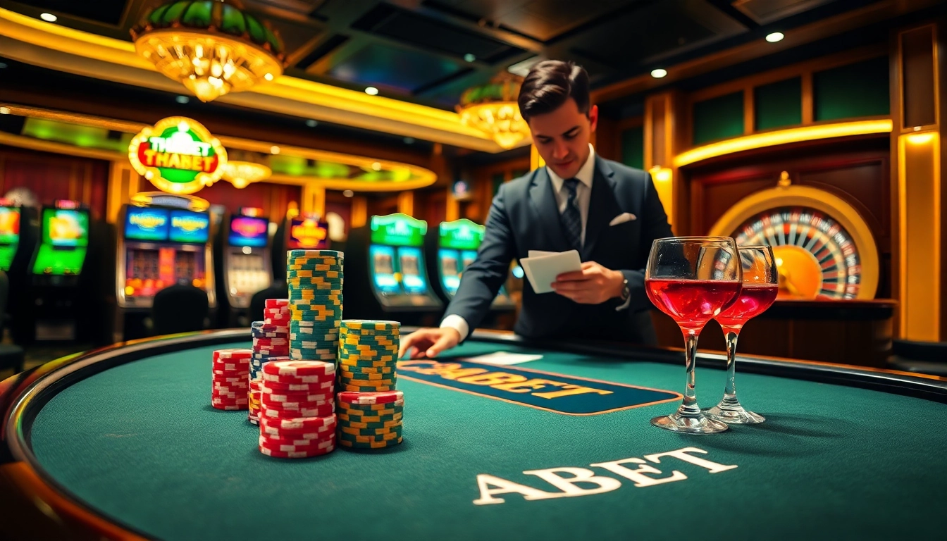 THABET poker table with colorful chips and cards, showcasing a vibrant casino atmosphere.