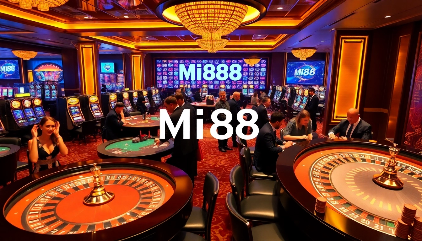 Thrilled gamblers at MI88 casino tables enjoying various high-stakes games.
