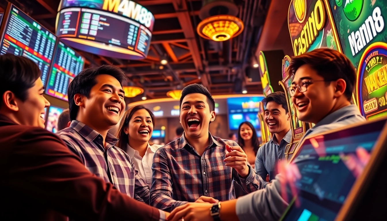 Exciting gaming scene featuring Man88's vibrant online casino experience with players celebrating wins.