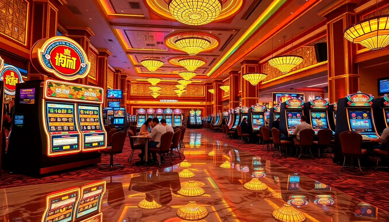 Engage with a vibrant casino scene showcasing nổ hũ slot machines and players in action.