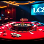Engage with the exciting atmosphere of LC88 casino, featuring vibrant poker chips and a roulette wheel.