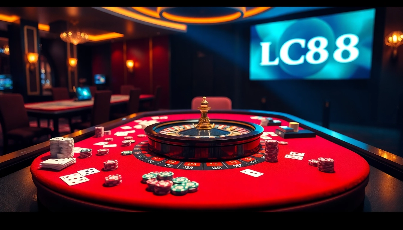 Engage with the exciting atmosphere of LC88 casino, featuring vibrant poker chips and a roulette wheel.