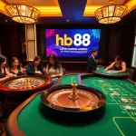 Experience excitement at hb88 casino with players at roulette and poker tables.
