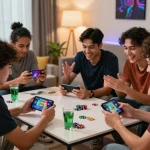 Friends enjoying a gaming session with mega888 apk on smartphones in a cozy living room.