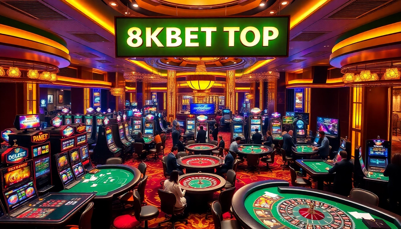 Experience the excitement at 8KBET TOP with a vibrant casino scene featuring slot machines and live dealers.