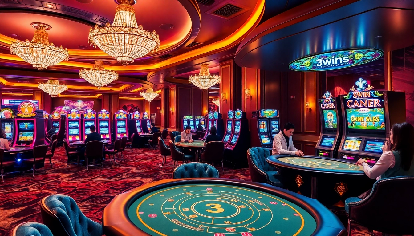 Engage in thrilling gameplay at 3win's upscale casino featuring modern slot machines and poker tables.