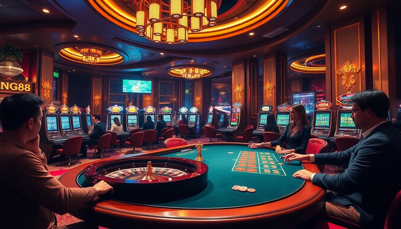Bong88 players engaged in thrilling casino games amidst a luxurious atmosphere.