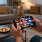 Playing 789f mobile slot games on a smartphone in a cozy home environment with snacks