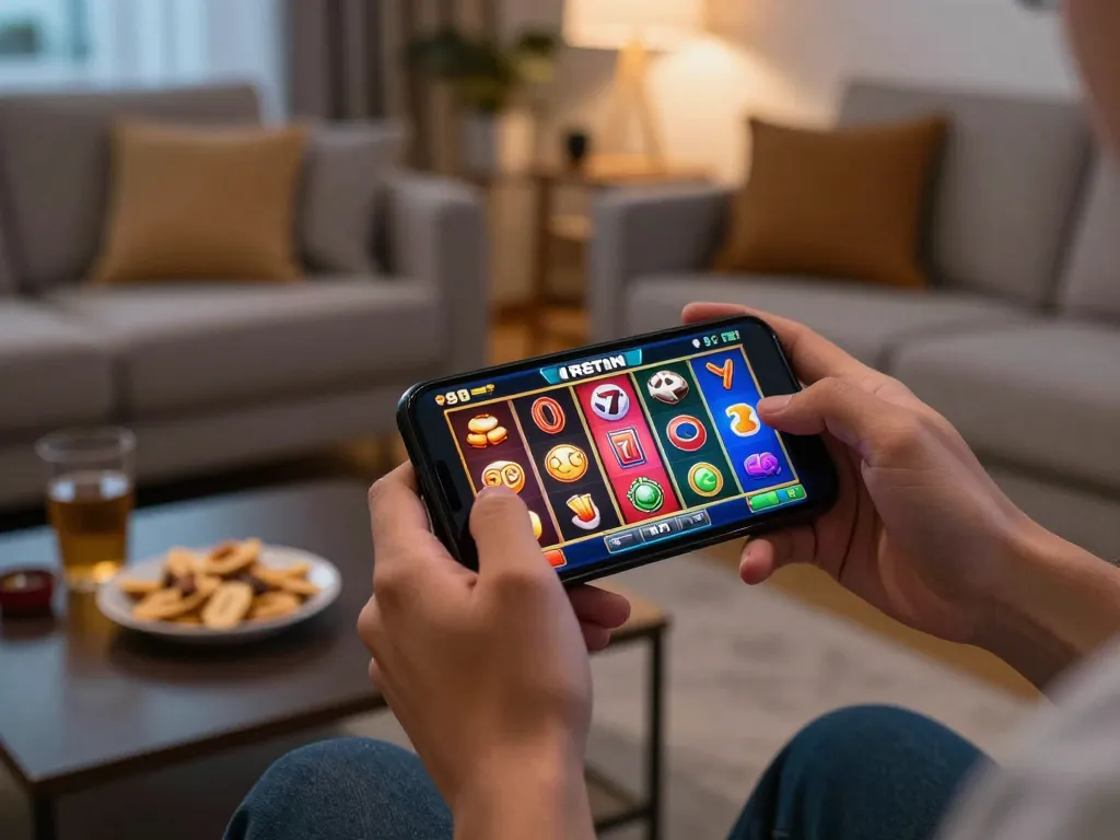 Playing 789f mobile slot games on a smartphone in a cozy home environment with snacks