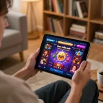 Player enjoying the 23win mobile casino app at home, showcasing vibrant gaming interface on tablet.