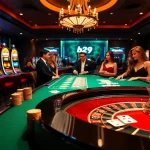 Engaging players enjoy a thrilling game at b29's luxurious casino, featuring roulette, poker, and vibrant slot machines.