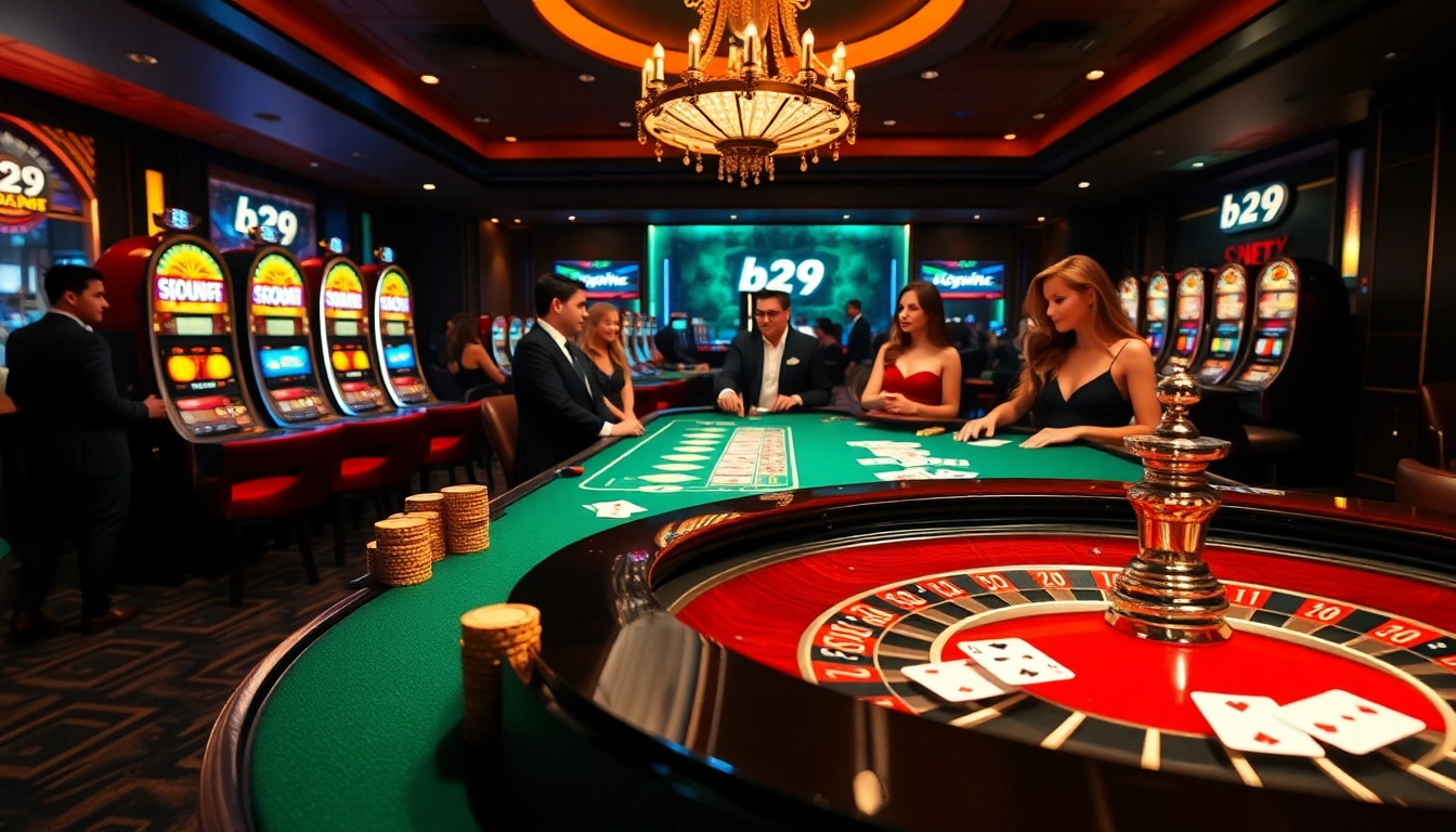 Engaging players enjoy a thrilling game at b29's luxurious casino, featuring roulette, poker, and vibrant slot machines.
