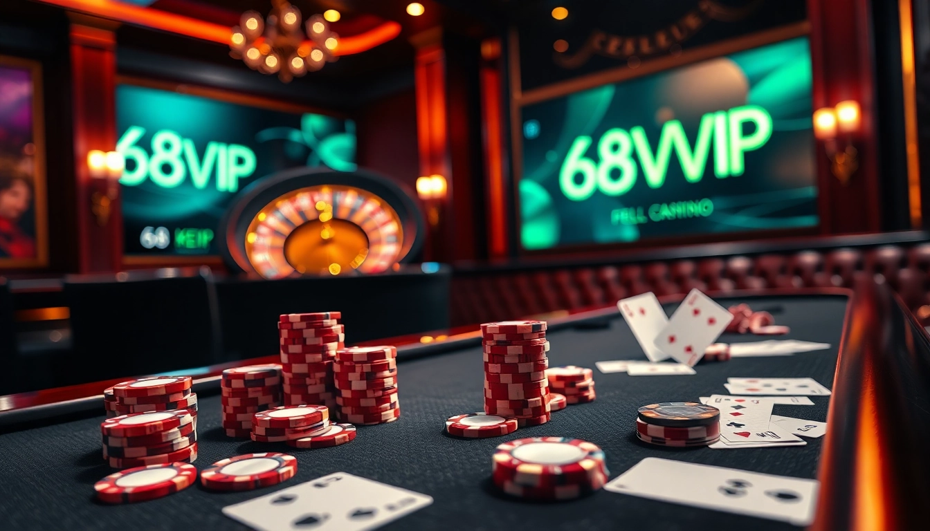 Experience the thrill of 68VIP online casino gaming with vibrant chips and elegant tables.