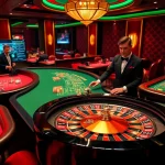 Engaging scene at RR99 casino with vibrant tables, players, and luxurious ambiance.