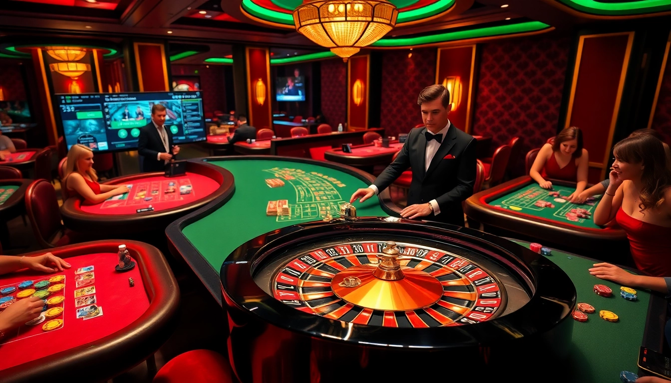 Engaging scene at RR99 casino with vibrant tables, players, and luxurious ambiance.