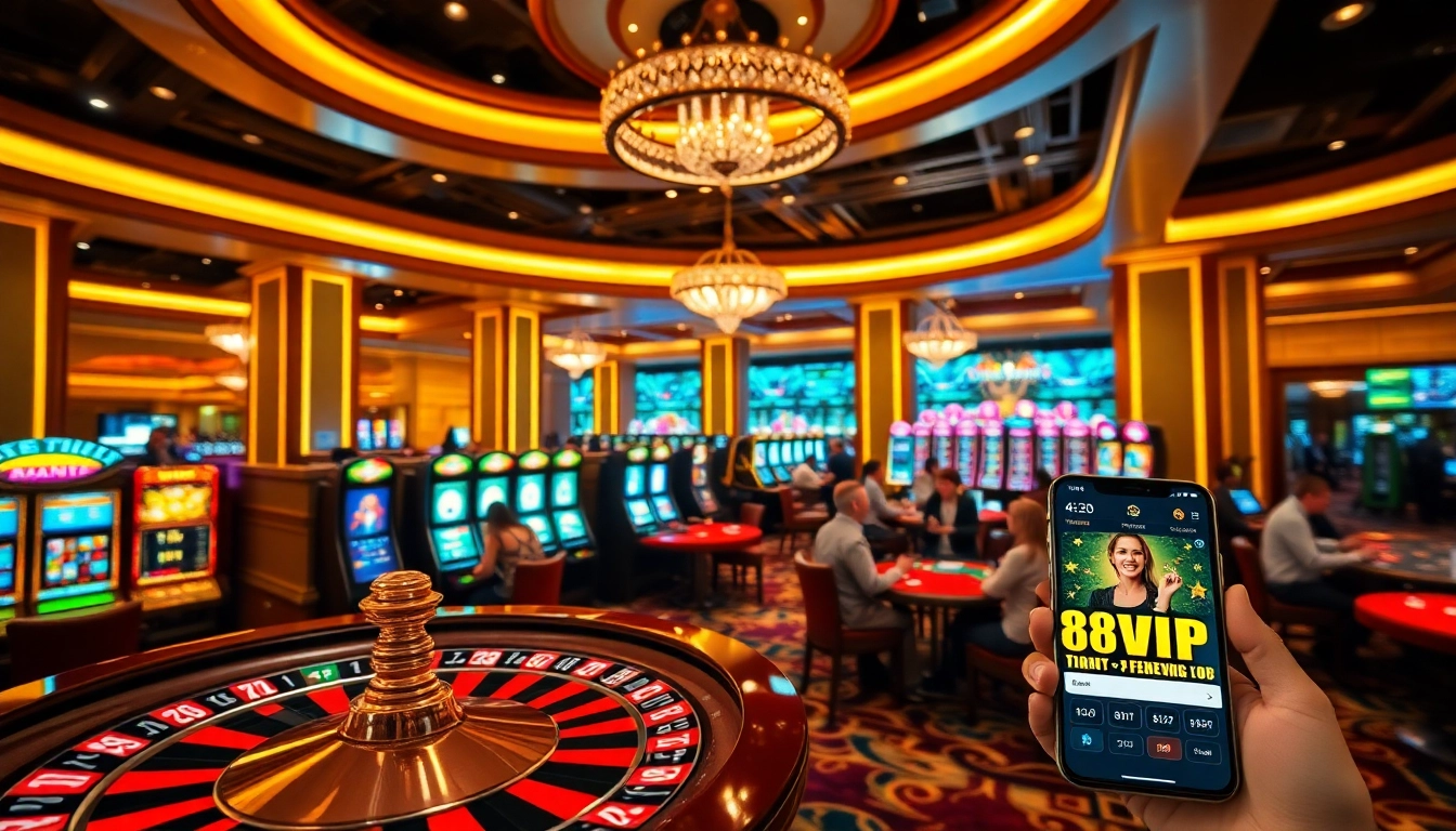 Experience the excitement of 68VIP with players enjoying casino games amidst a luxurious setting.