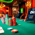 Exciting poker game at a luxury casino table showcasing Okfun with colorful chips and cards.