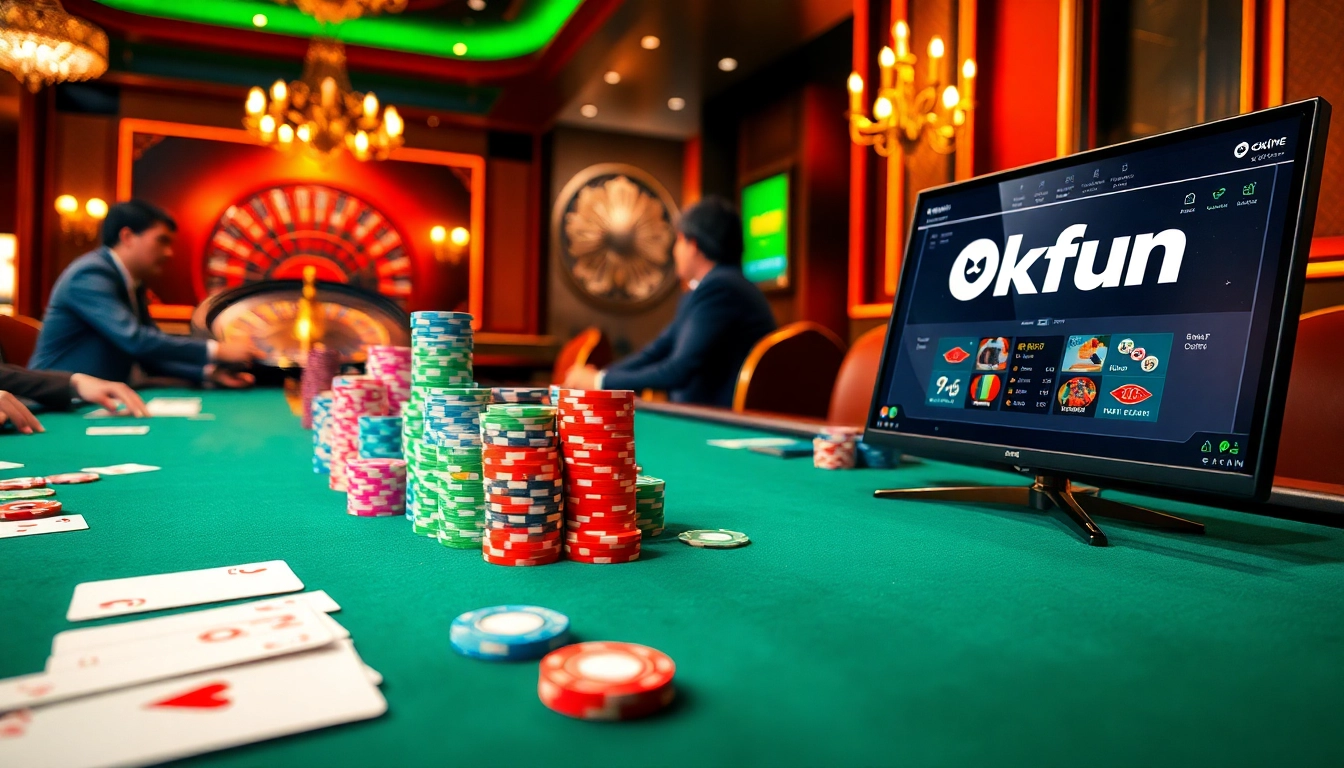 Exciting poker game at a luxury casino table showcasing Okfun with colorful chips and cards.