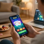 Excited player enjoying Rikvip poker mobile app in cozy home setting, highlighting online gambling experience.