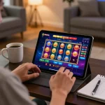 Playing casino games on a tablet at home, showcasing the engaging gaming experience at https://nk88.actor/.