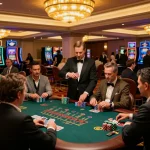 Players engaging in action at MEGA888 blackjack tables in a vibrant casino atmosphere