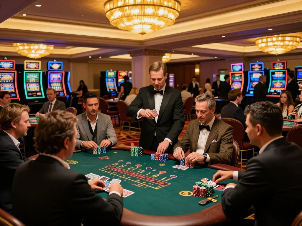 Players engaging in action at MEGA888 blackjack tables in a vibrant casino atmosphere