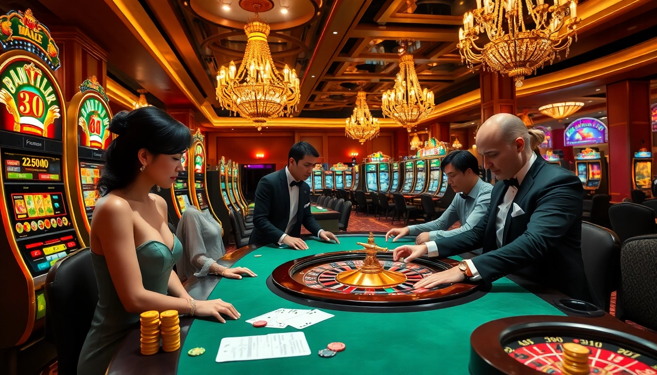 Players enjoying a thrilling gaming experience at PG88's vibrant casino with luxurious elements.