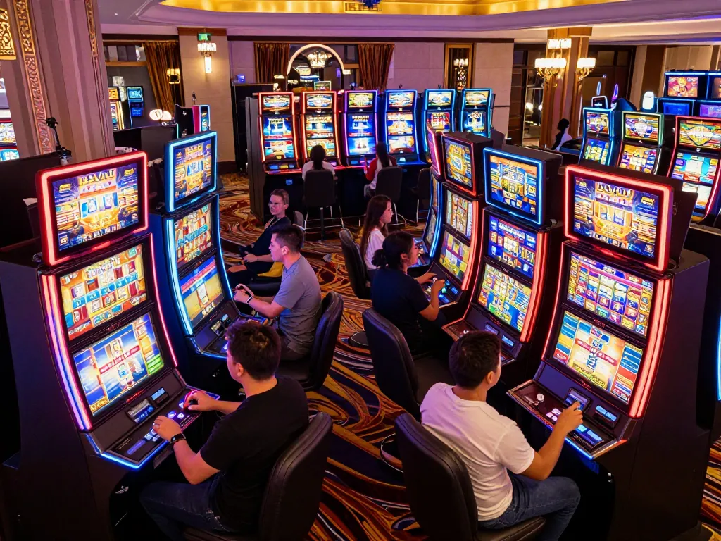 Players enjoying slot gacor machines in a vibrant casino environment with lively engagement