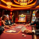 Players enjoy an immersive poker game at GK88 casino with vibrant slot machines in the background.