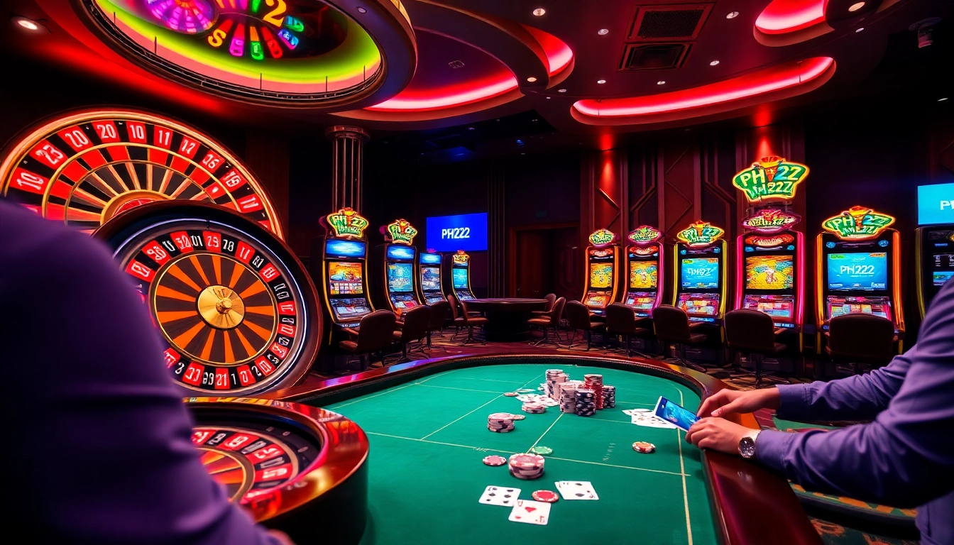 Experience thrilling bets at PH222 Casino with a lively roulette wheel and engaging slot games.