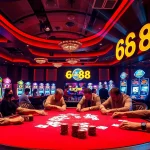 Exciting casino scene featuring LUCKY88 poker table with vibrant slot machines and players.