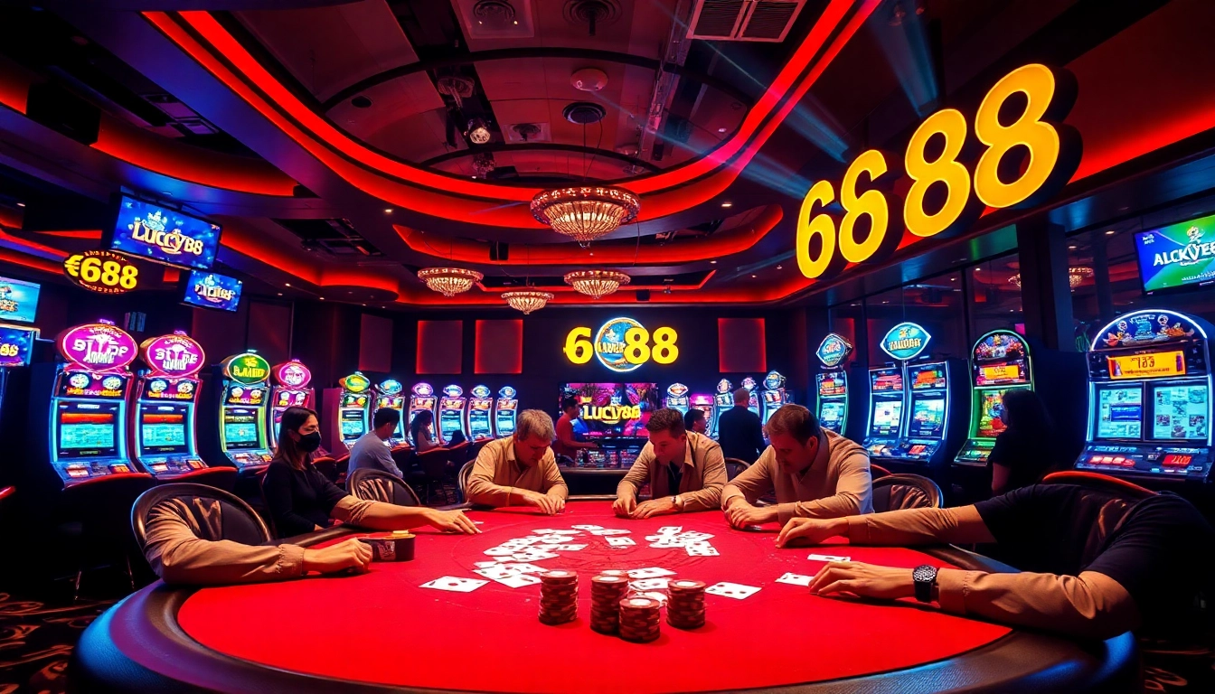 Exciting casino scene featuring LUCKY88 poker table with vibrant slot machines and players.