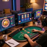 Engaged player experiencing strategic gameplay at AZ888 casino online with vibrant screens and warm atmosphere.