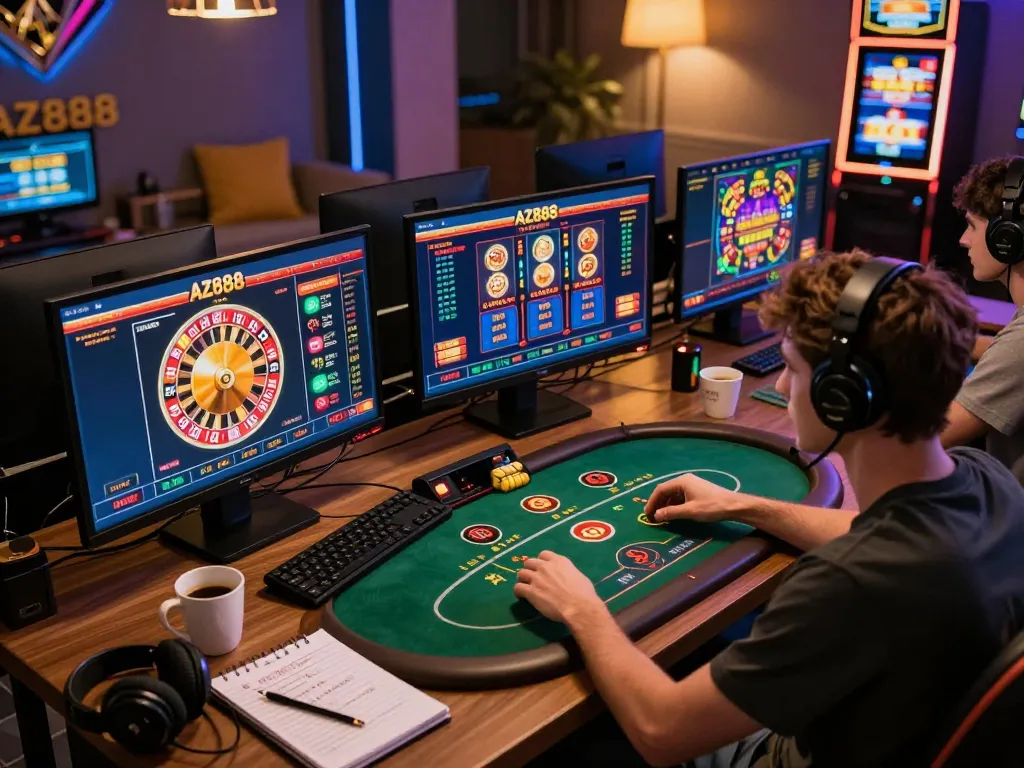 Engaged player experiencing strategic gameplay at AZ888 casino online with vibrant screens and warm atmosphere.