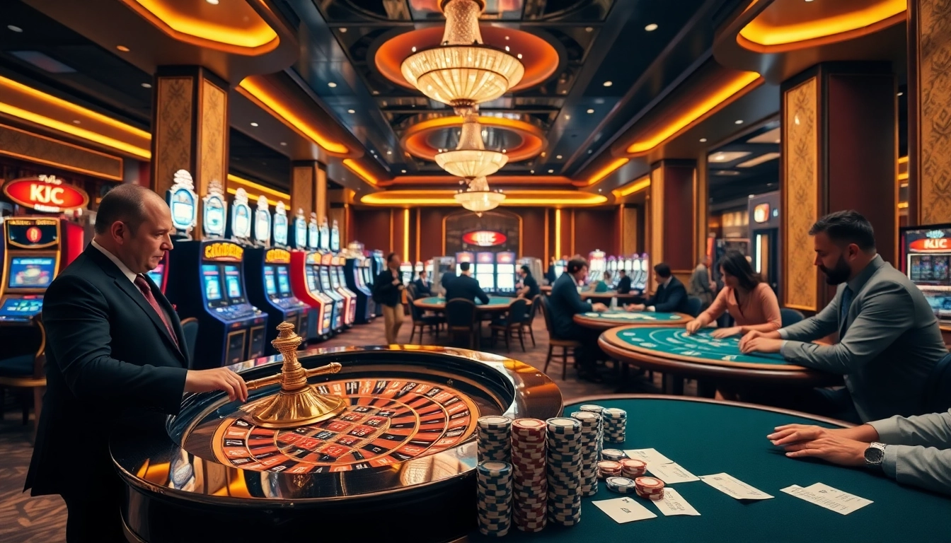 Gamblers enjoying a thrilling game session at KJC’s luxurious casino with roulette and poker tables.