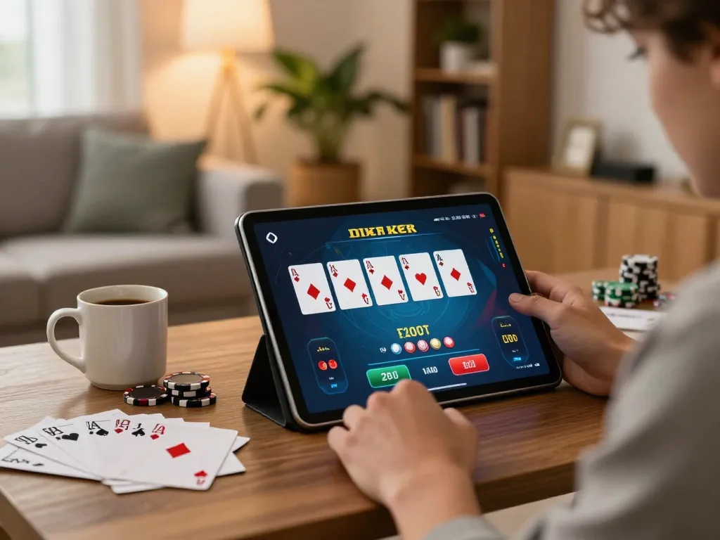 Player enjoying dn88 gaming on tablet while analyzing strategies in cozy living room