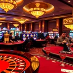 8DAY casino scene featuring players at poker and roulette tables, exuding excitement.