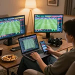 Engaging in strategic sports betting with Sonclub on laptop and smartphone in a cozy home environment