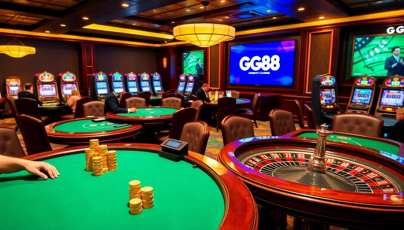 Players immersing in gaming excitement at GG88 casino with vibrant tables and slot machines.