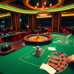 Kèo nhà cái 5 betting scene at a luxurious casino, featuring a roulette wheel and engaged players.