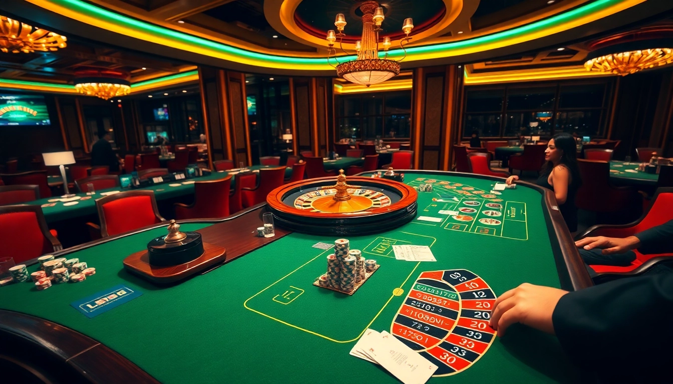 Kèo nhà cái 5 betting scene at a luxurious casino, featuring a roulette wheel and engaged players.