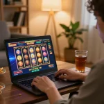 Engaging in slot gacor gameplay on a laptop at home, showcasing excitement in a cozy setting.