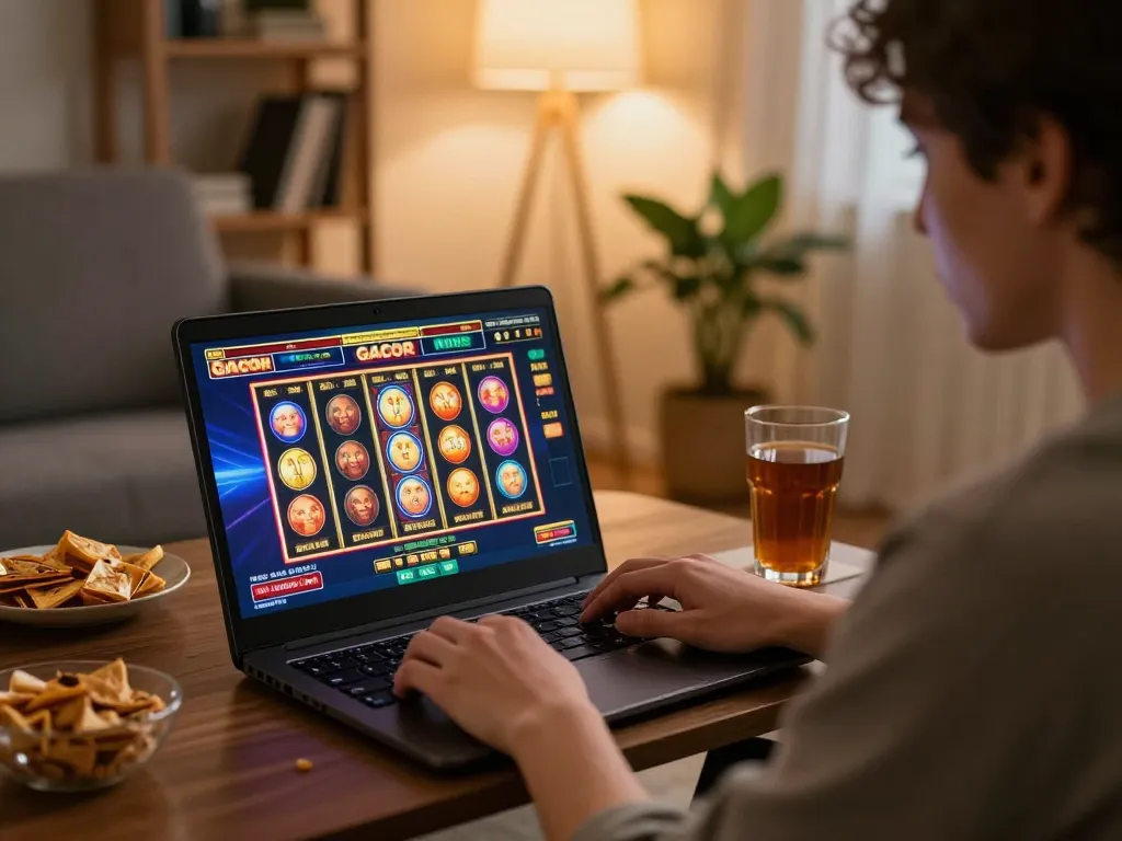Engaging in slot gacor gameplay on a laptop at home, showcasing excitement in a cozy setting.