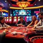 Players enjoying a vibrant poker game at XX88 casino with high-value chips and dynamic slot machines.