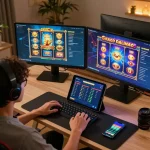 Engaging gameplay on slot gacor games displayed on multiple screens in a modern home office.