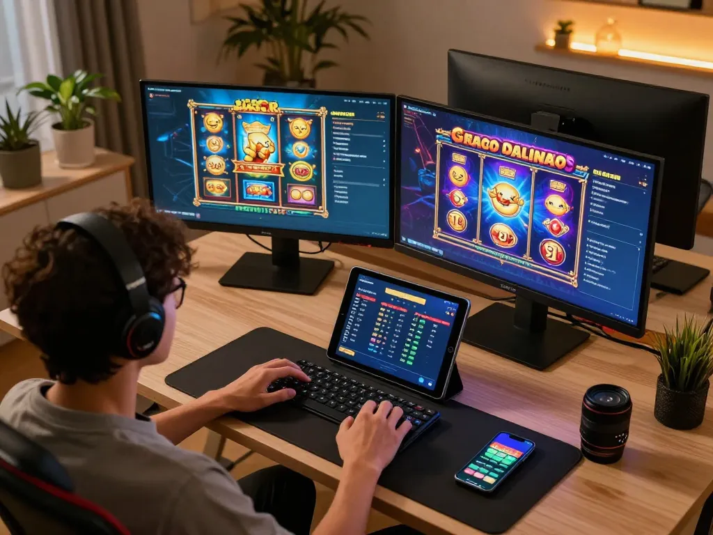 Engaging gameplay on slot gacor games displayed on multiple screens in a modern home office.