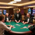 Intense poker game at VSBET’s luxury high-roller room, showcasing strategic gameplay and upscale atmosphere.