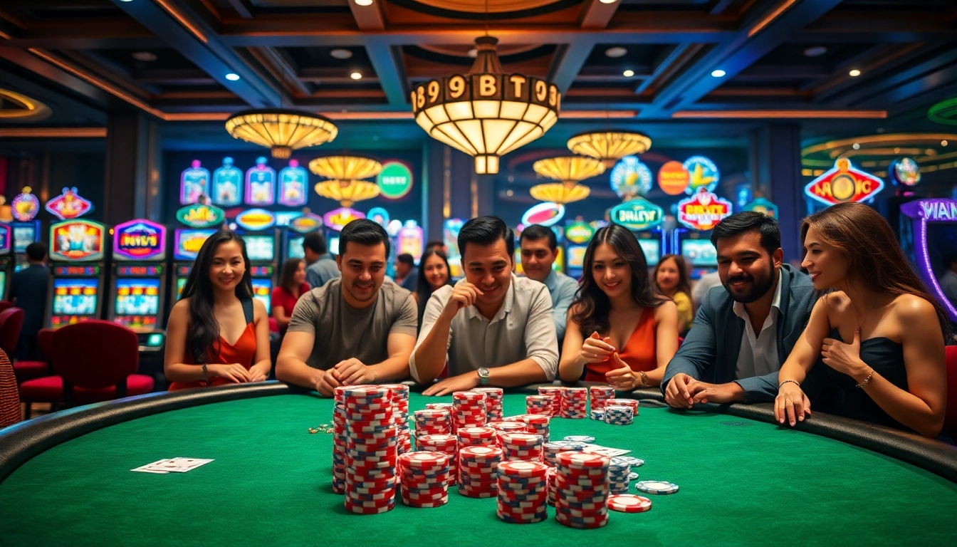 Exciting 89BET casino gaming scene with vibrant poker chips, cards, and players in action.