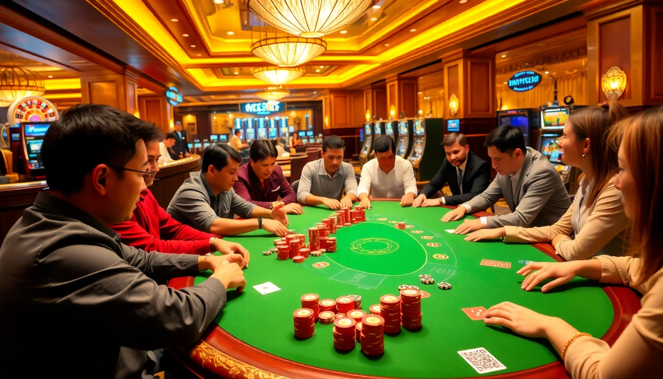 Experience the excitement of v9bet with players engaging at a vibrant poker table.